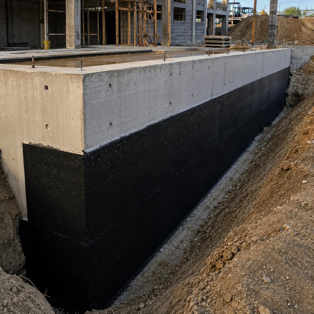 BaseLar waterproofing coating on a retaining wall and below-grade substructure